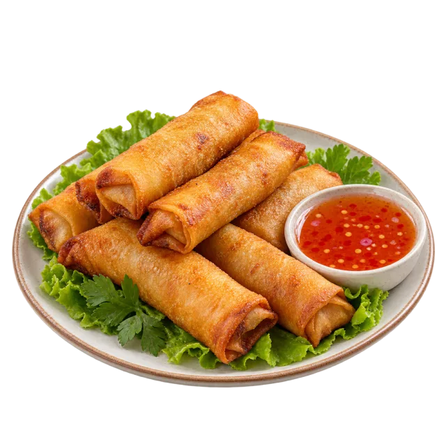 Golden fried spring rolls on lettuce beside a bowl of red dipping sauce