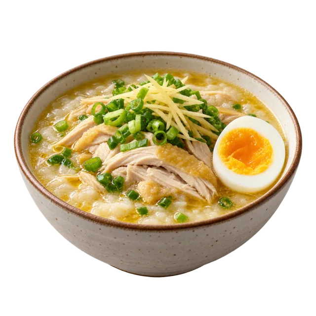 Bowl of rice porridge with shredded chicken, sliced green onions and half an egg