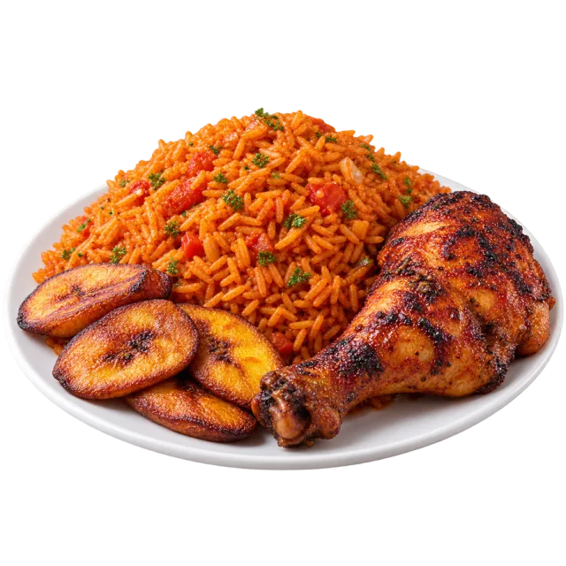 Orange-red rice served with a browned chicken leg and fried plantain slices