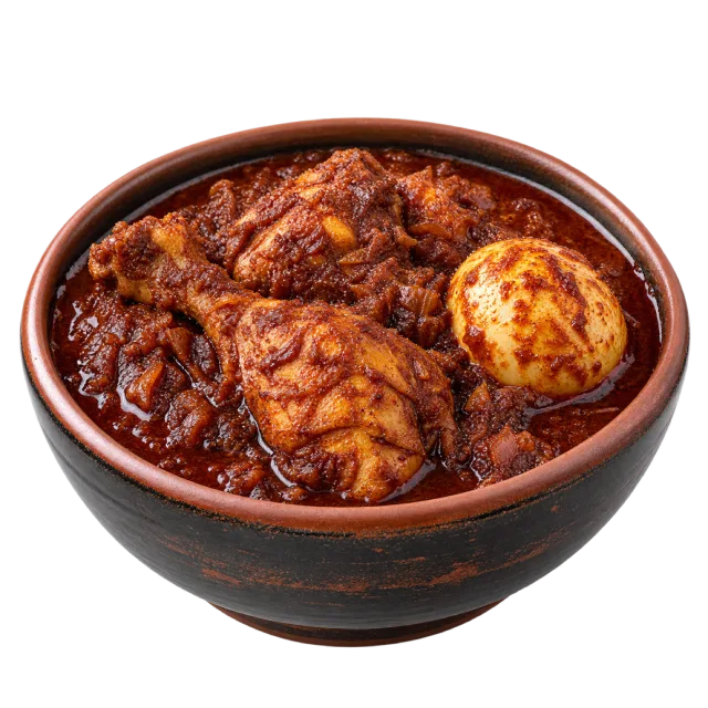 Dark red chicken stew with a whole boiled egg in a rustic bowl