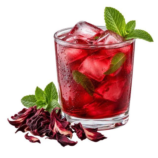 Glass of deep red iced drink garnished with mint beside dried hibiscus petals