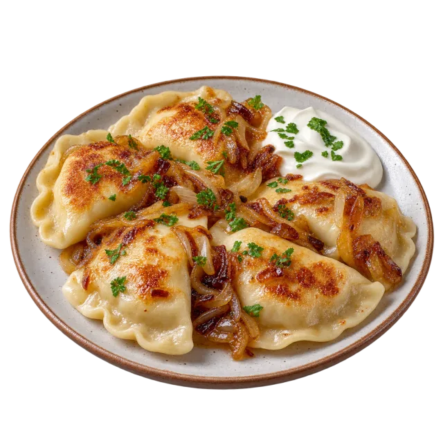 Golden pan-fried dumplings topped with browned onions beside a white cream garnish