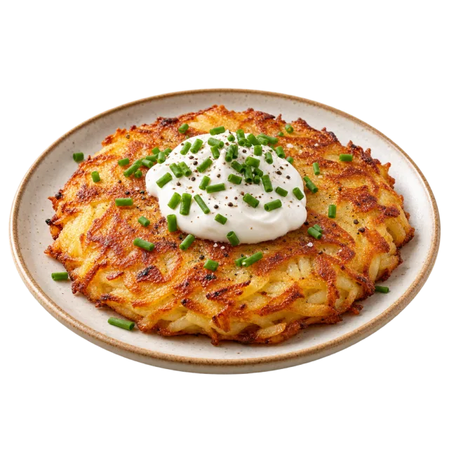 Round golden shredded-potato cake topped with white cream and chopped green herbs