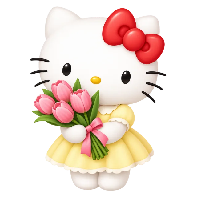 Hello Kitty in a yellow dress holding a bouquet of pink tulips