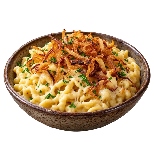 Bowl of small noodles coated in cheese and topped with browned onions and herbs