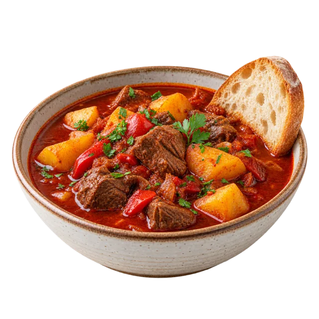 Bowl of reddish beef stew with peppers and vegetables beside a slice of bread