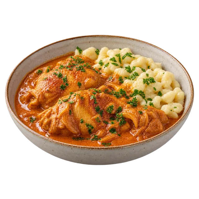 Chicken in an orange-red creamy sauce served beside small pale noodles