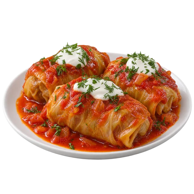 Cabbage rolls in red tomato sauce topped with white cream and green herbs