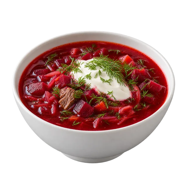 Bowl of deep red beet soup with shredded vegetables, white cream and dill