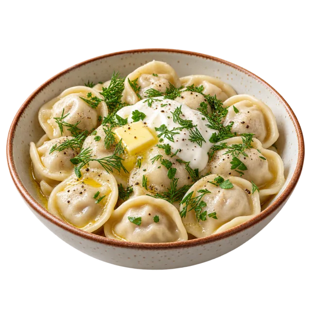 Small folded dumplings with butter, white cream and dill in a shallow bowl