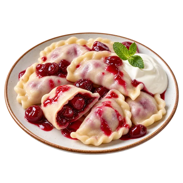 Dumplings with red cherry filling and white cream on a round plate