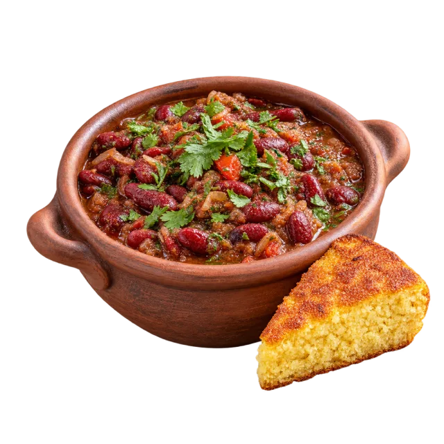 Red bean stew with chopped herbs in a clay pot beside a wedge of golden bread
