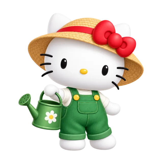 Hello Kitty wearing green overalls and a straw hat while holding a green watering can