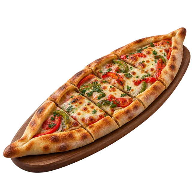 Boat-shaped flatbread with browned edges and a cheese and vegetable topping