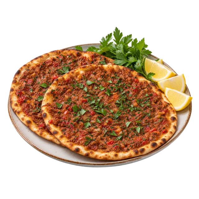 Thin round flatbreads with a red minced topping, herbs and lemon wedges