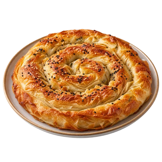 Round coiled golden pastry with sesame seeds and a green herb garnish
