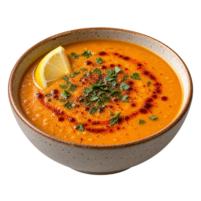 Smooth orange soup topped with red oil and herbs beside a lemon wedge