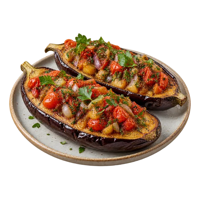 Two roasted eggplant halves filled with diced tomatoes, onions and herbs