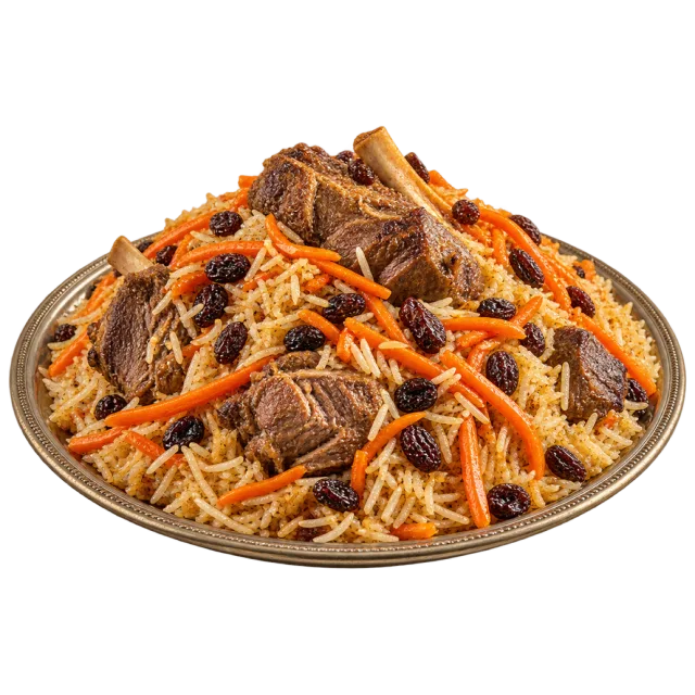 Rice topped with meat pieces, thin carrot strips and dark raisins