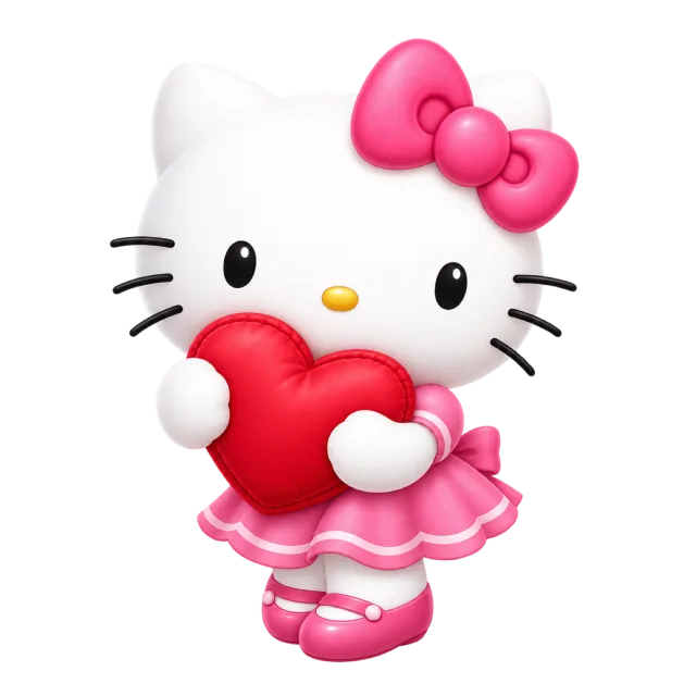 Hello Kitty in a pink dress hugging a large red heart