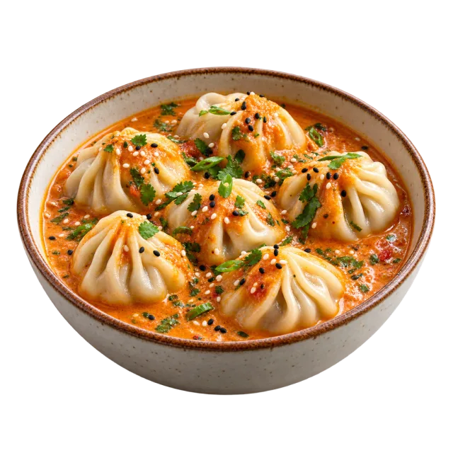 Pleated dumplings in orange-red sauce topped with chopped green herbs