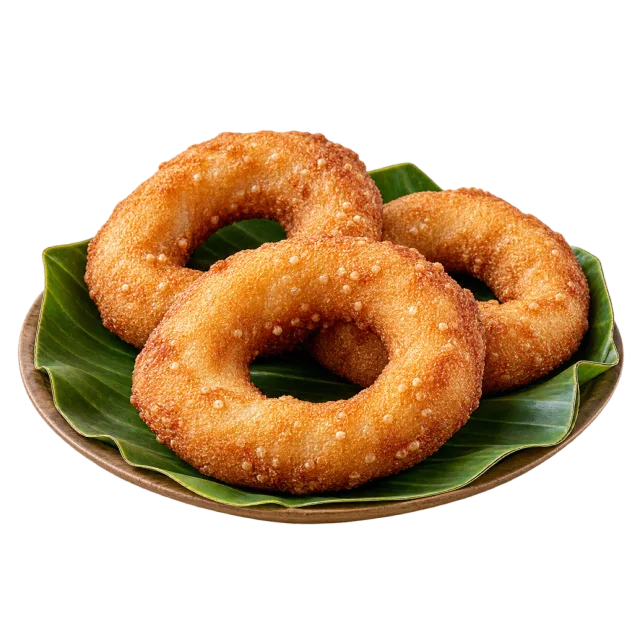 Golden ring-shaped fried breads arranged on a banana leaf