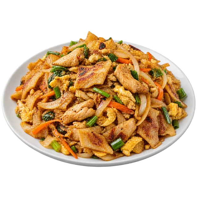 Chopped flatbread mixed with vegetables and browned pieces on a white plate
