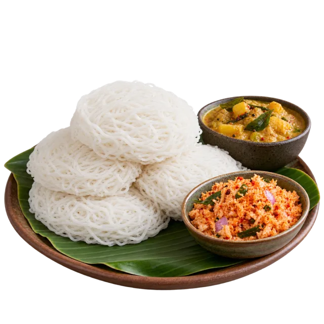 White noodle nests served on a banana leaf with small bowls of curry and sambol