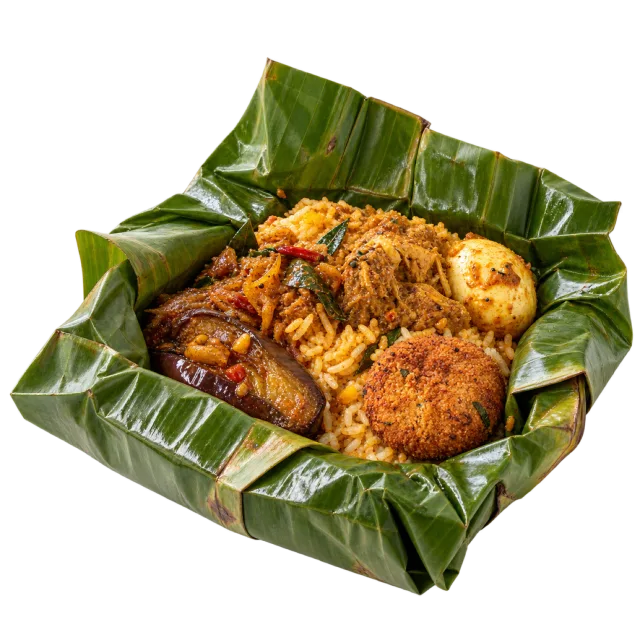 Rice and assorted browned accompaniments served inside an opened banana leaf