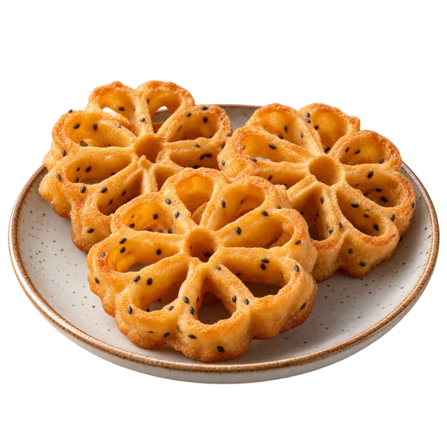 Golden flower-shaped fried snacks with open patterned centers on a white plate