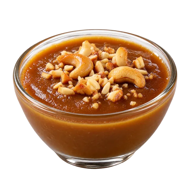 Brown custard in a clear glass bowl topped with chopped nuts and whole cashews
