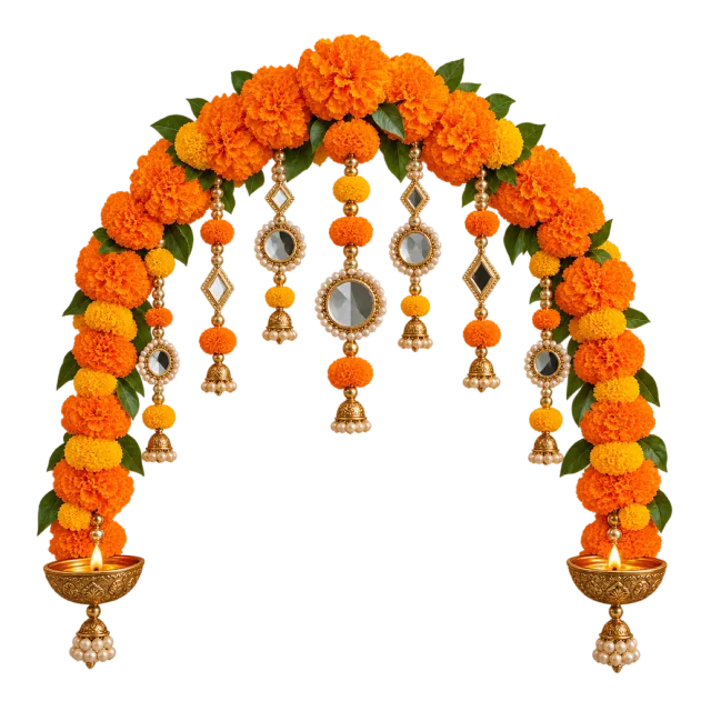 Arch of orange marigolds and green leaves with hanging bells and small decorative lamps