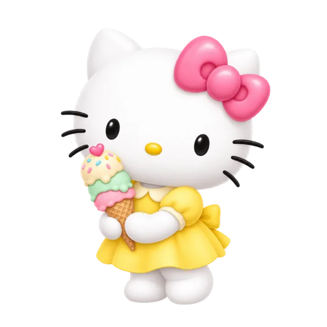 Hello Kitty in a yellow dress holding a pastel ice cream cone
