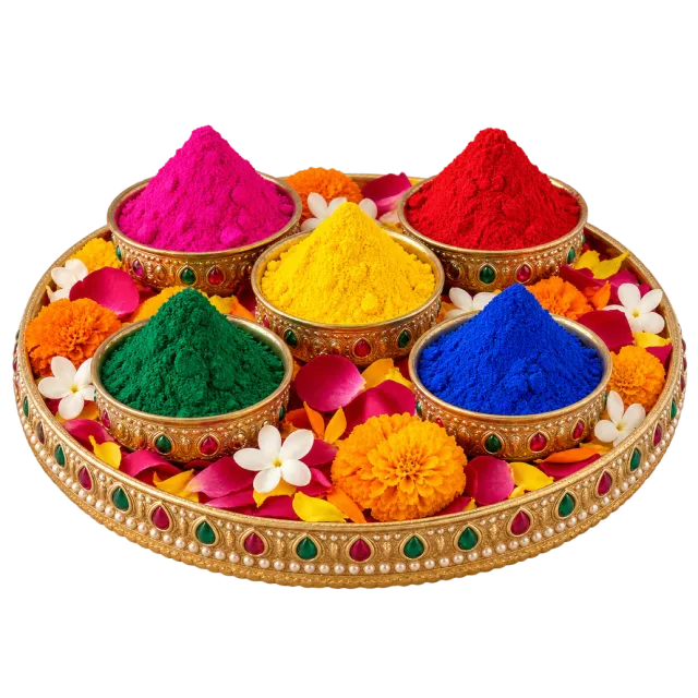 Ornate round tray with bowls of pink, red, yellow, green and blue powder surrounded by flowers