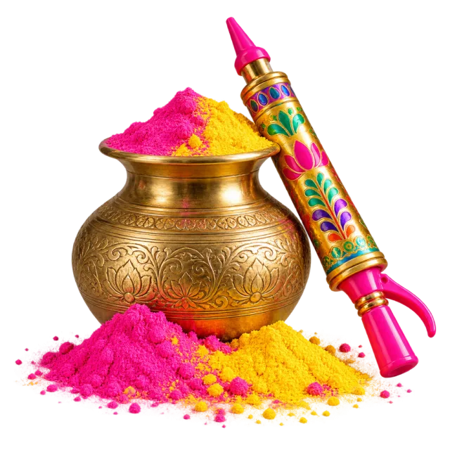 Decorated water sprayer beside a brass-colored pot and piles of pink and yellow powder