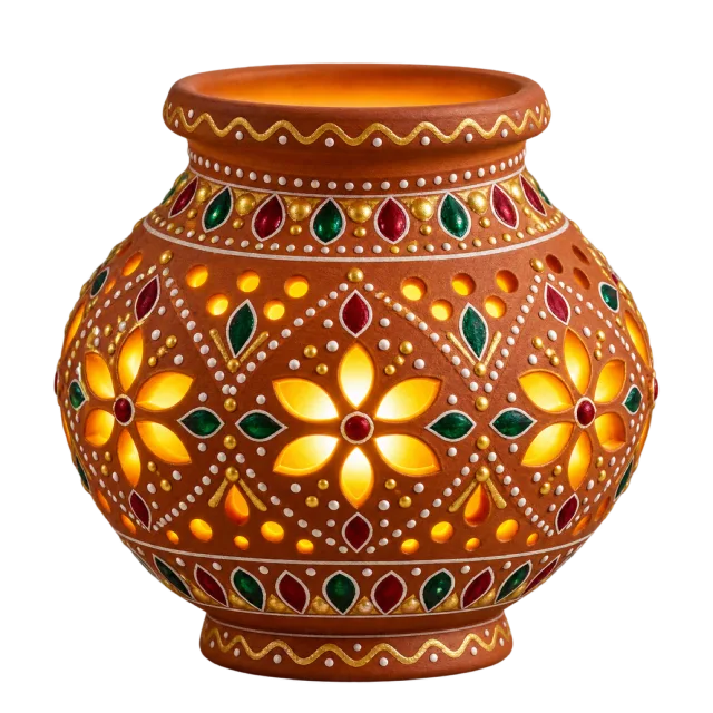 Brown decorated pot with glowing flower-shaped openings and colorful ornamental details