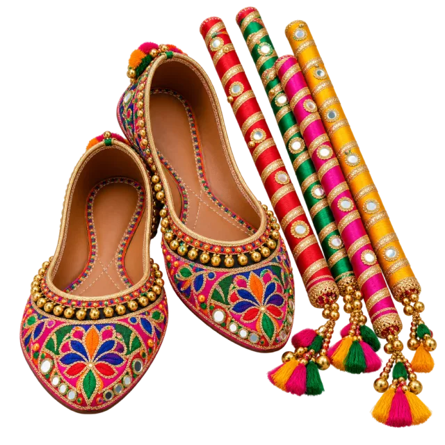 Brightly embroidered shoes beside colorful patterned sticks with tassels