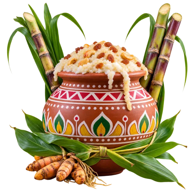 Painted pot overflowing with rice beside sugarcane, leaves and turmeric roots