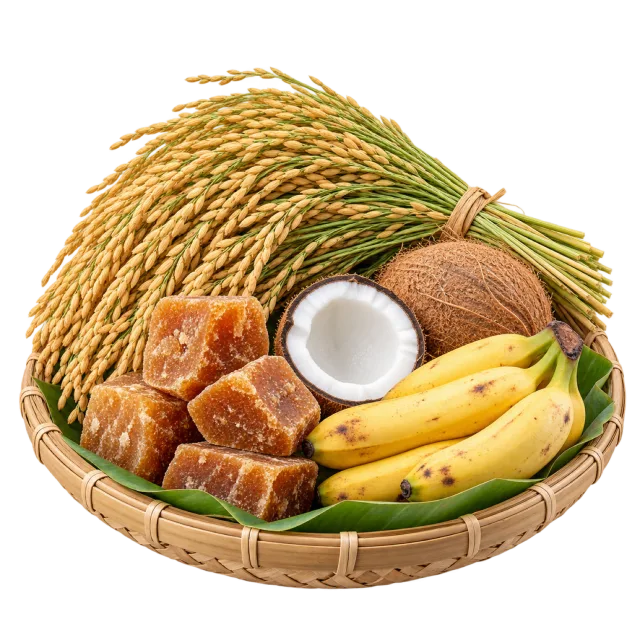 Woven basket containing rice stalks, bananas, coconut halves and brown blocks of jaggery
