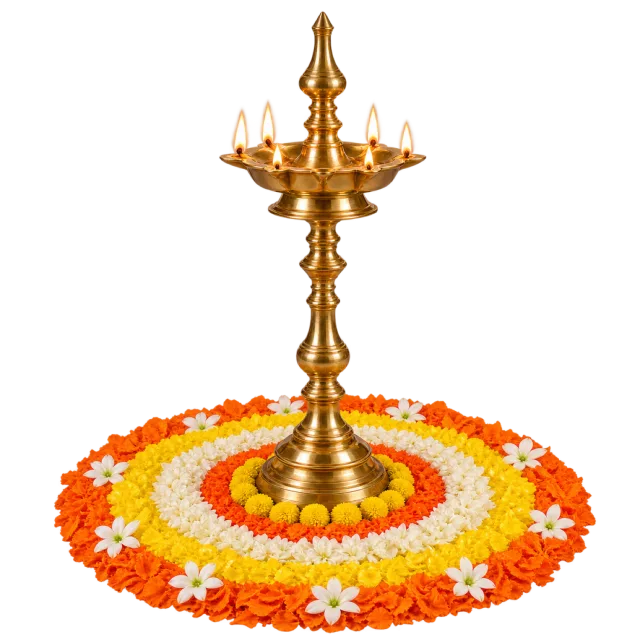 Tall brass-colored oil lamp centered on concentric rings of white, yellow and orange flowers