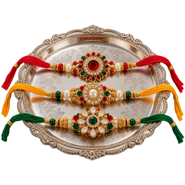 Three jeweled bracelets with red, yellow and green cords arranged on a silver-colored tray