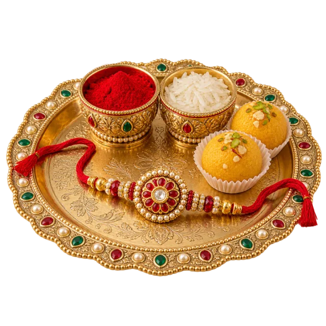 Gold-colored tray with a jeweled bracelet, small bowls of powder and rice, and a round sweet