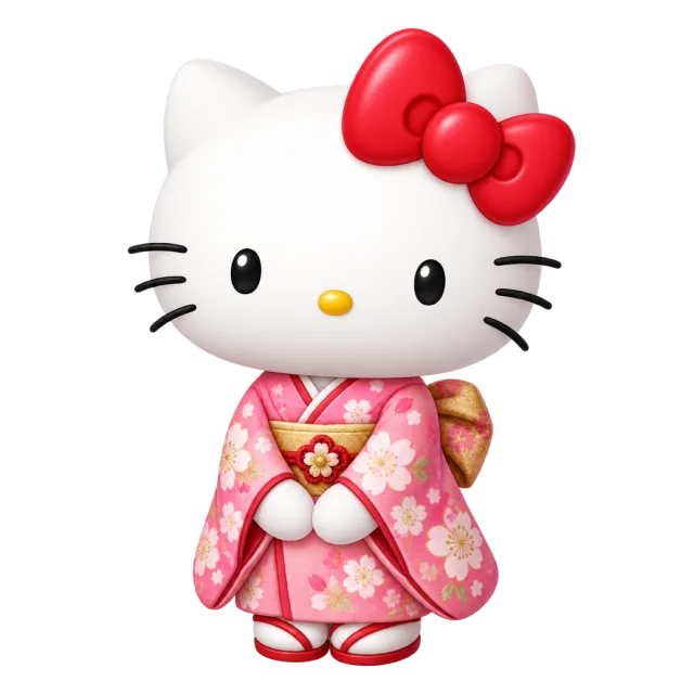 Hello Kitty wearing a pink flower-patterned kimono and a red bow
