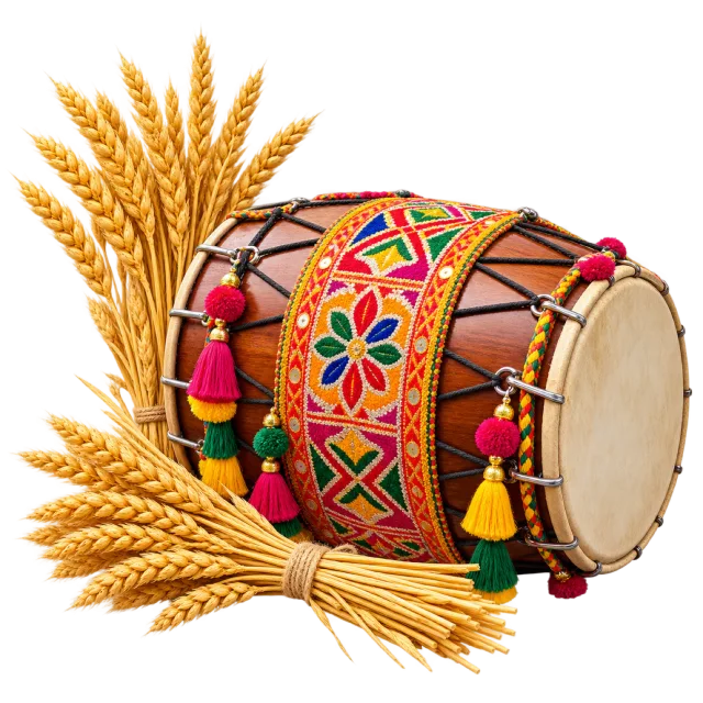 Decorated double-headed drum with a colorful strap surrounded by golden wheat stalks