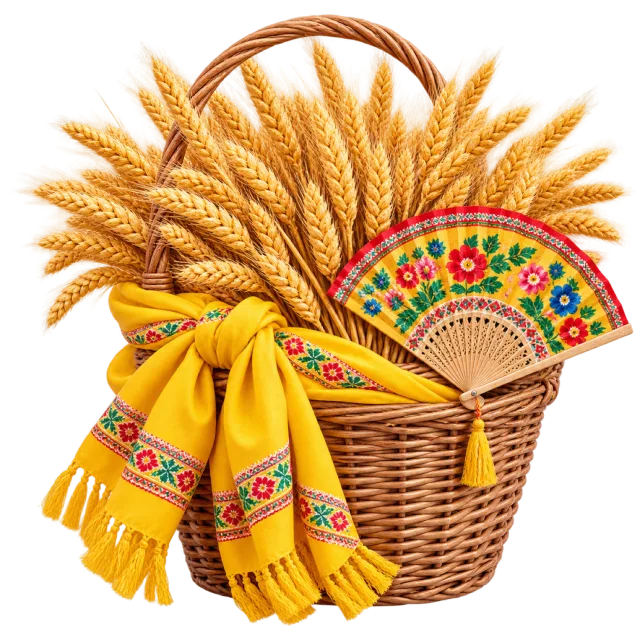 Wicker basket of wheat with an embroidered fan and bright yellow fabric
