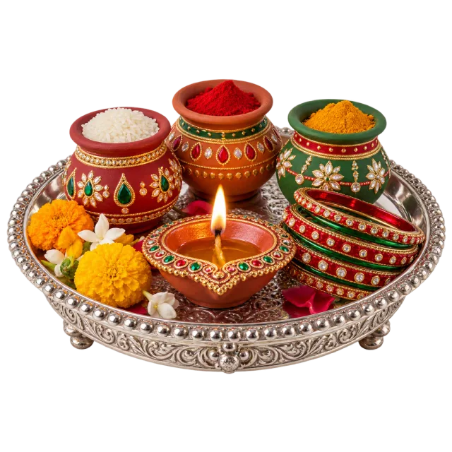 Silver-colored tray with decorated red bowls, stacked bangles, flowers and a lit oil lamp