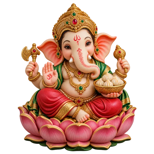 Decorated Ganesha figure wearing a jeweled crown and seated on a pink lotus