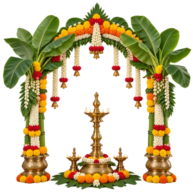 Banana-leaf arch with hanging flower garlands above several brass-colored lamps