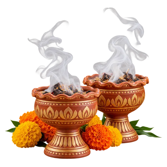 Two patterned clay incense burners releasing curling smoke beside marigolds and leaves