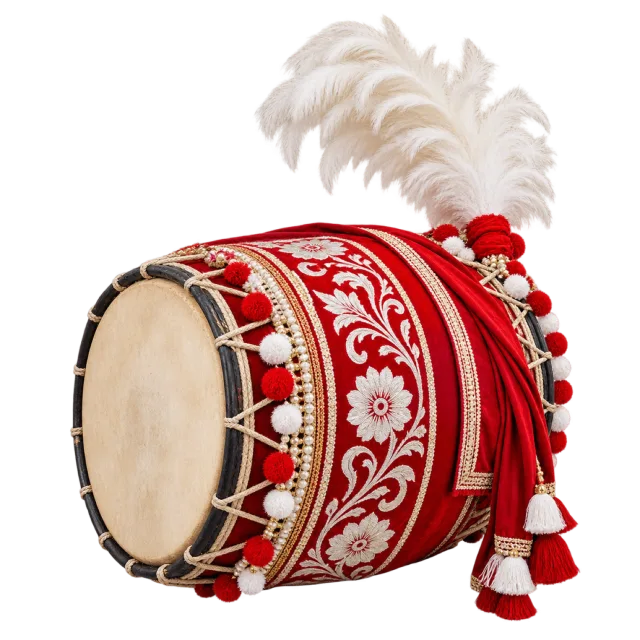Red double-headed drum with white floral patterns, hanging tassels and pale feather decorations